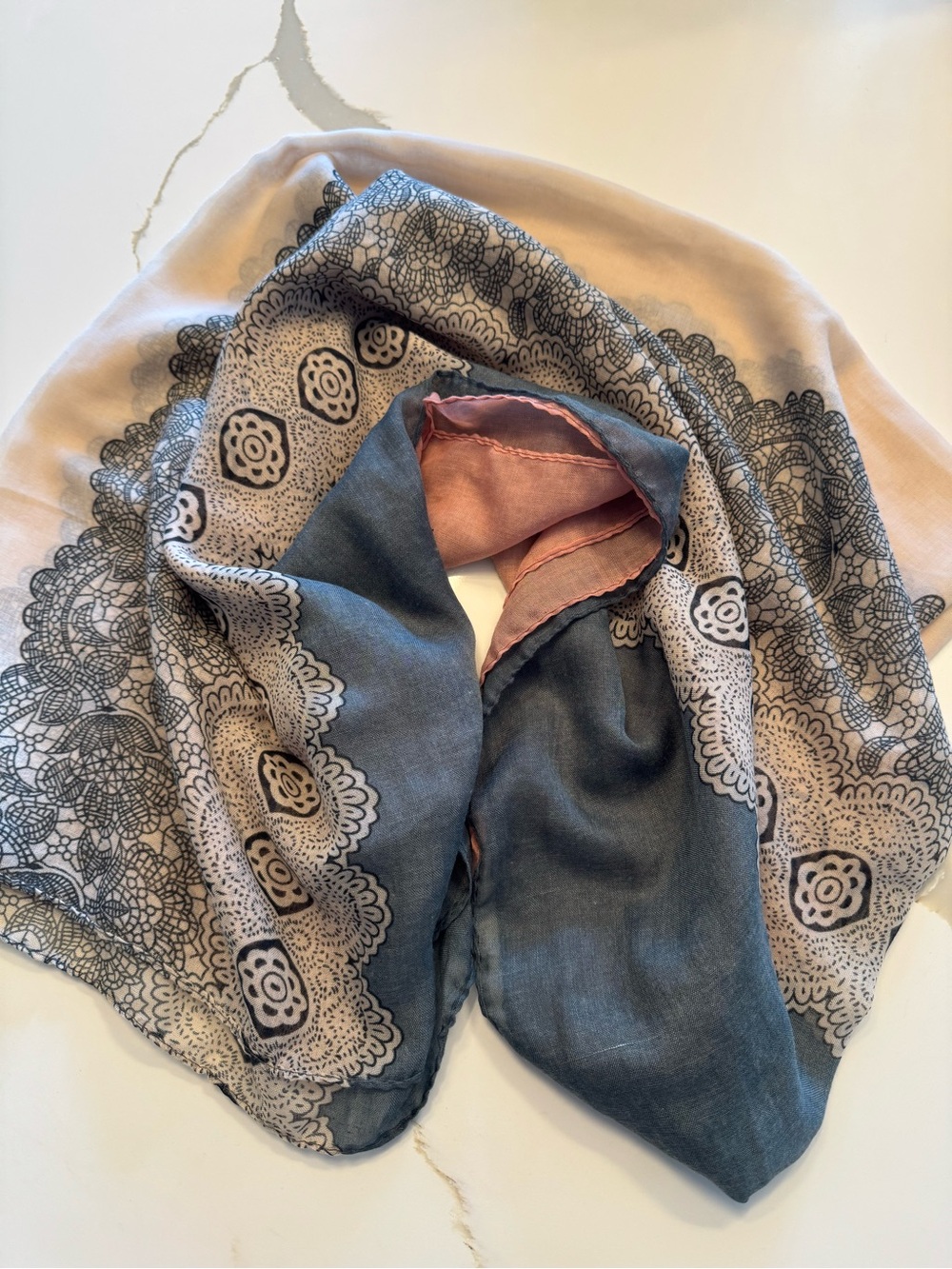 GERINLY Pink & Blue Ombre Lace Print Lightweight Scarf Wrap